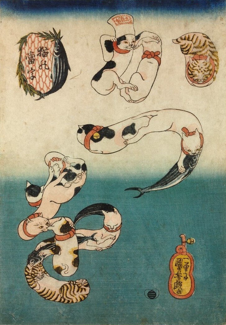 歌川国芳の浮世絵。猫が重なり合って「かつお」の文字を作っている「当て字」